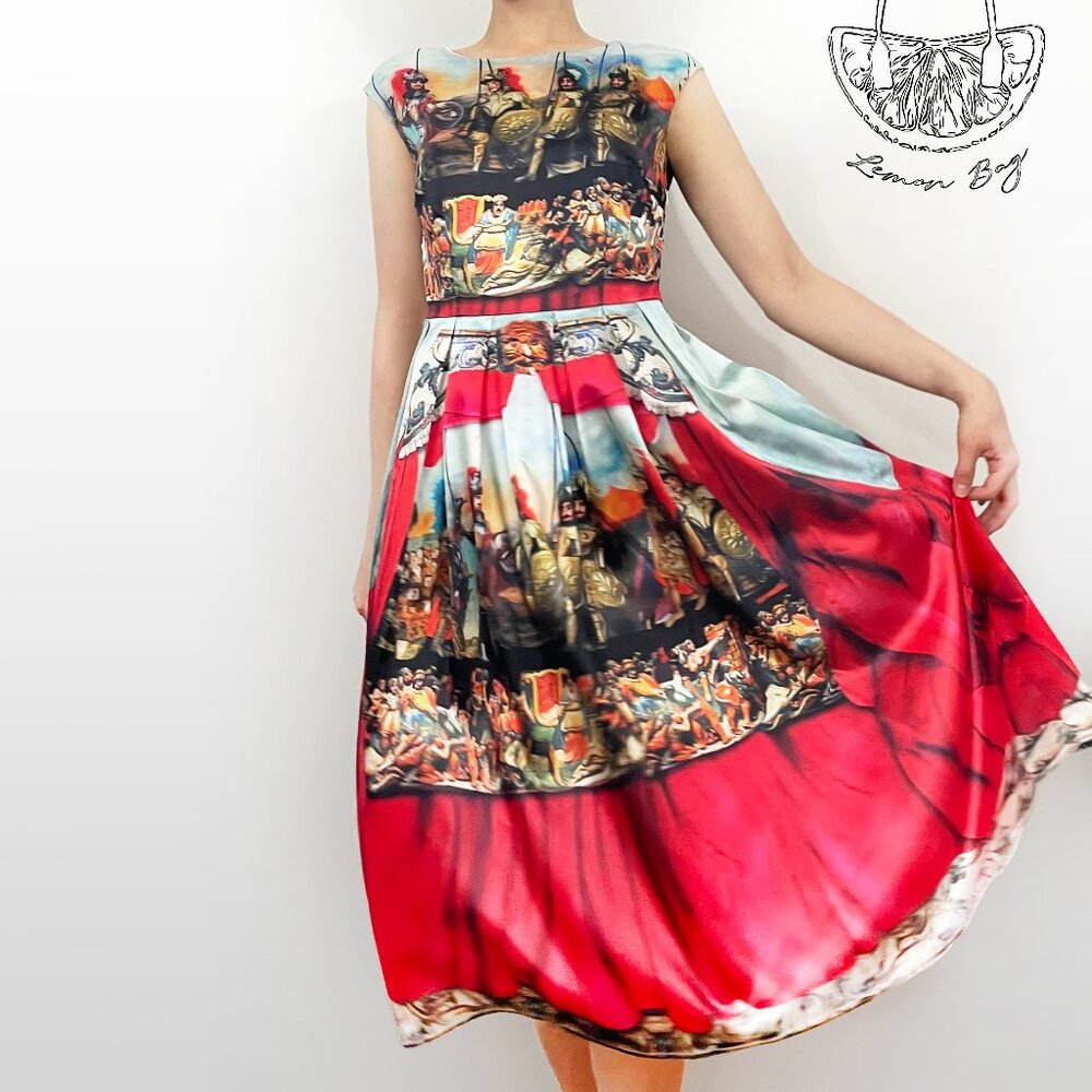 Choies / Midi Skater Silk Dress / Color Multicolor Pattern / Size XS